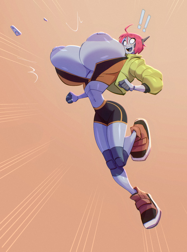 1girls, bigdad, breasts, female, gattles, hair, huge breasts, inconvenient breasts, metallic body, mre (gattles), nipples, original, pink hair, shocked expression, solo, wardrobe malfunction, zipper