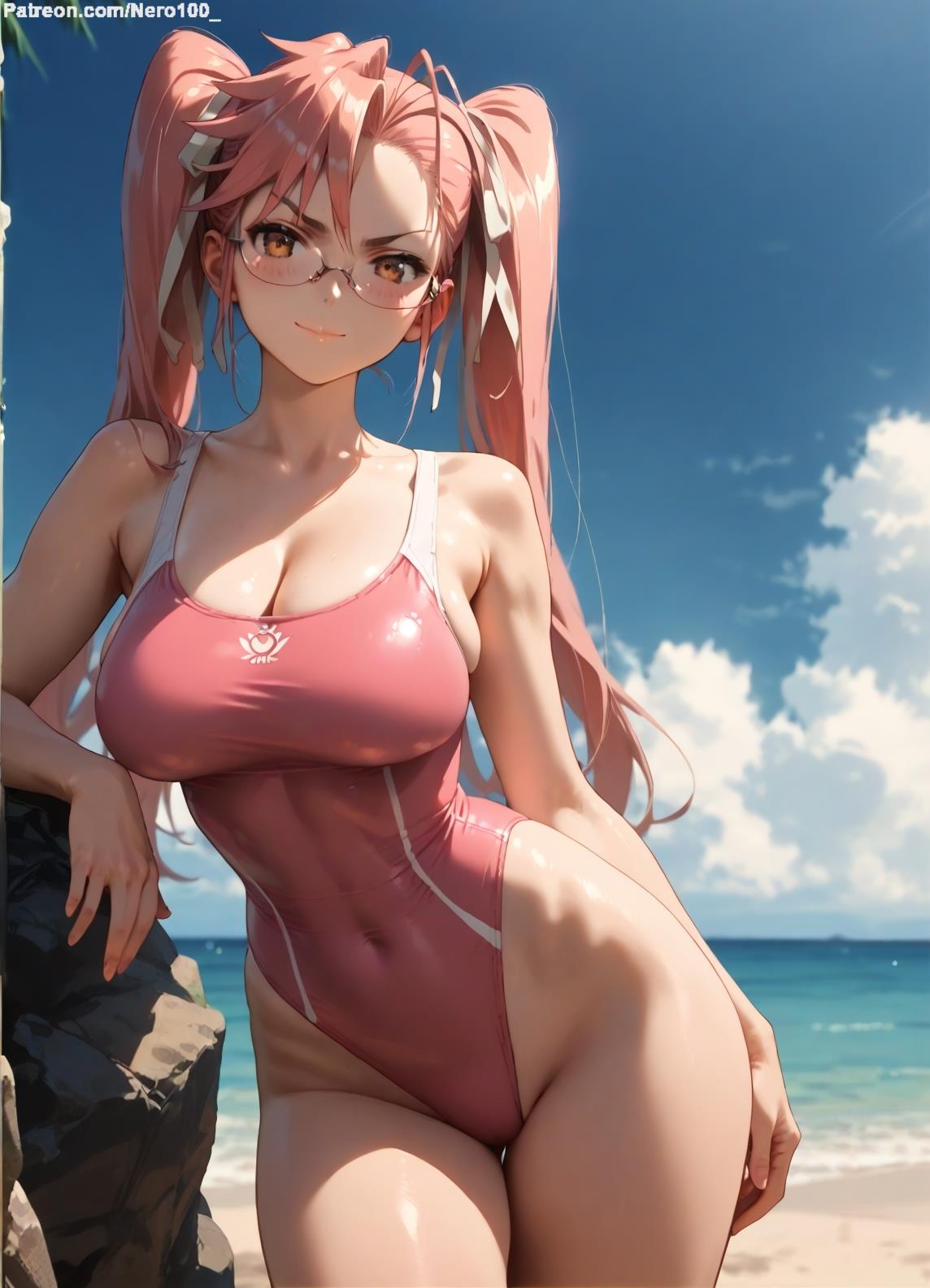 1girls 2d ai_generated ass athletic athletic_female bare_shoulders beach belly big_breasts chest curvy curvy_figure cute cute_face detailed eyelashes eyeshadow female female_only fit fit_female focus glasses high_quality highschool_of_the_dead hips huge_breasts large_breasts legs light-skinned_female light_skin lips lipstick looking_at_viewer makeup mascara midriff navel nero100 one-piece_swimsuit orange_eyes outdoors pale-skinned_female pale_skin pink_hair posing sagging_breasts saya_takagi seductive seductive_look stable_diffusion swimsuit swimwear thick_thighs thighs twintails wide_hips yellow_eyes