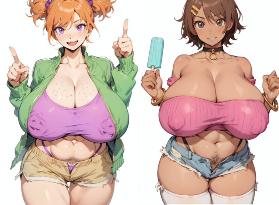 2girls ai_generated barbara_(arrow_funk) big_areola big_ass big_breasts black_hair breasts_bigger_than_head creamballz d-side_girlfriend fgrpornit friday_night_funkin friday_night_funkin_mod girlfriend_(friday_night_funkin) green_jacket huge_breasts ice_cream pink_top sark_the_hedgehog short_pants