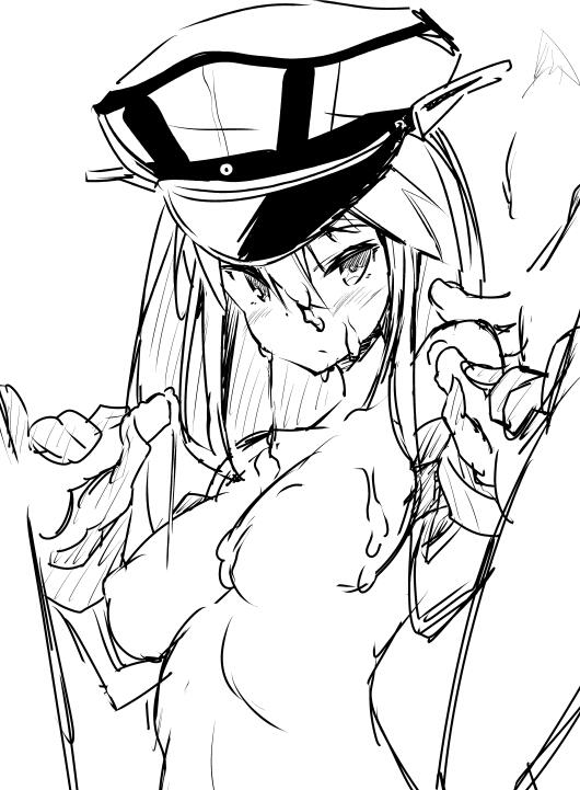 bismarck_(kantai_collection) cum cum_on_body double_handjob facial handjob hat iwasaki_takashi kantai_collection monochrome peaked_cap penis sketch