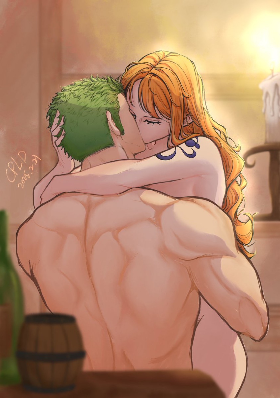 1boy, 1girls, anime, arm tattoo, blue tattoo, completely nude, cpldxuan, female, female human, green hair, green-haired male, human, human male, kissing, kissing while penetrated, light skin, light-skinned female, male, male/female, nami (one piece), nude, one piece, orange hair, orange-haired female, roronoa zoro, sex, straight, straight sex, tattoo, tattoo on arm, tattooed arm