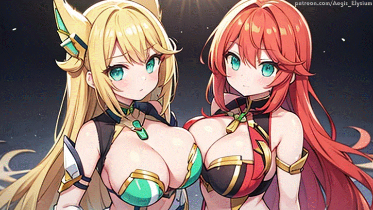 2girls aegis_elysium ai_art ai_generated animal_ears armor bare_shoulders bed blonde_hair blush blushing_at_viewer breasts cat_ears cat_girl cleavage dress duo duo_focus elbow_gloves female_armor female_focus gem gloves gradient gradient_background green_eyes hair_ornament headpiece highres huge_breasts jewelry large_breasts light long_hair looking_at_viewer mecha navel night orange_hair original_character patreon patreon_username princess simple_background sitting surface tiara very_long_hair