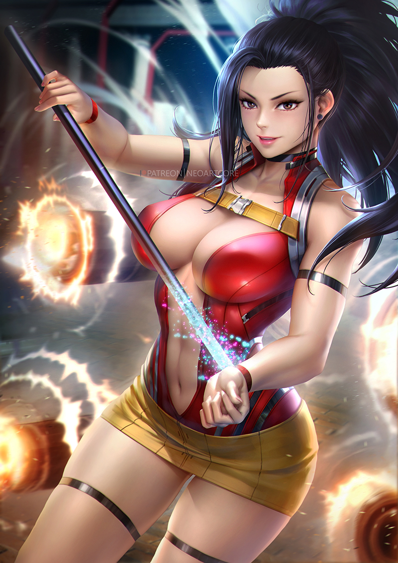 1girls, 2019, 2d, 2d (artwork), artillery, big breasts, black hair, black-haired female, breasts, cannon, cannons, cleavage, female, female only, fit female, hero outfit (mha), human, human female, human only, large breasts, leotard, light skin, light-skinned female, looking at viewer, materialisation, miniskirt, momo yaoyorozu, momo yaoyorozu (hero outfit), my hero academia, navel, neoartcore, pinup, questionable, quirk (mha), skirt, slim waist, solo, solo female, superheroine, superpowers, thick thighs, weapon, weapons, wide hips