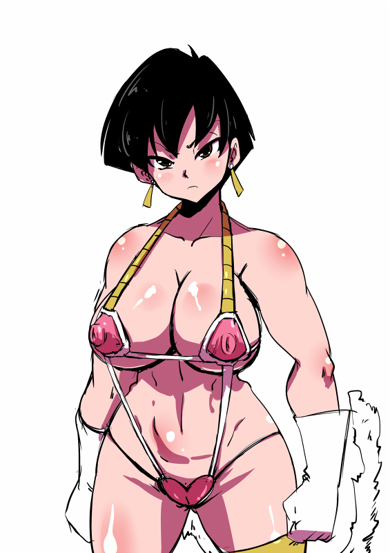 1girls, bikini, black hair, blush, breasts, brown eyes, dragon ball, dragon ball z, earrings, female, light skin, light-skinned female, micro bikini, navel, nude, rickert kai, saiyan, seripa, short hair, swimsuit, tagme, tail
