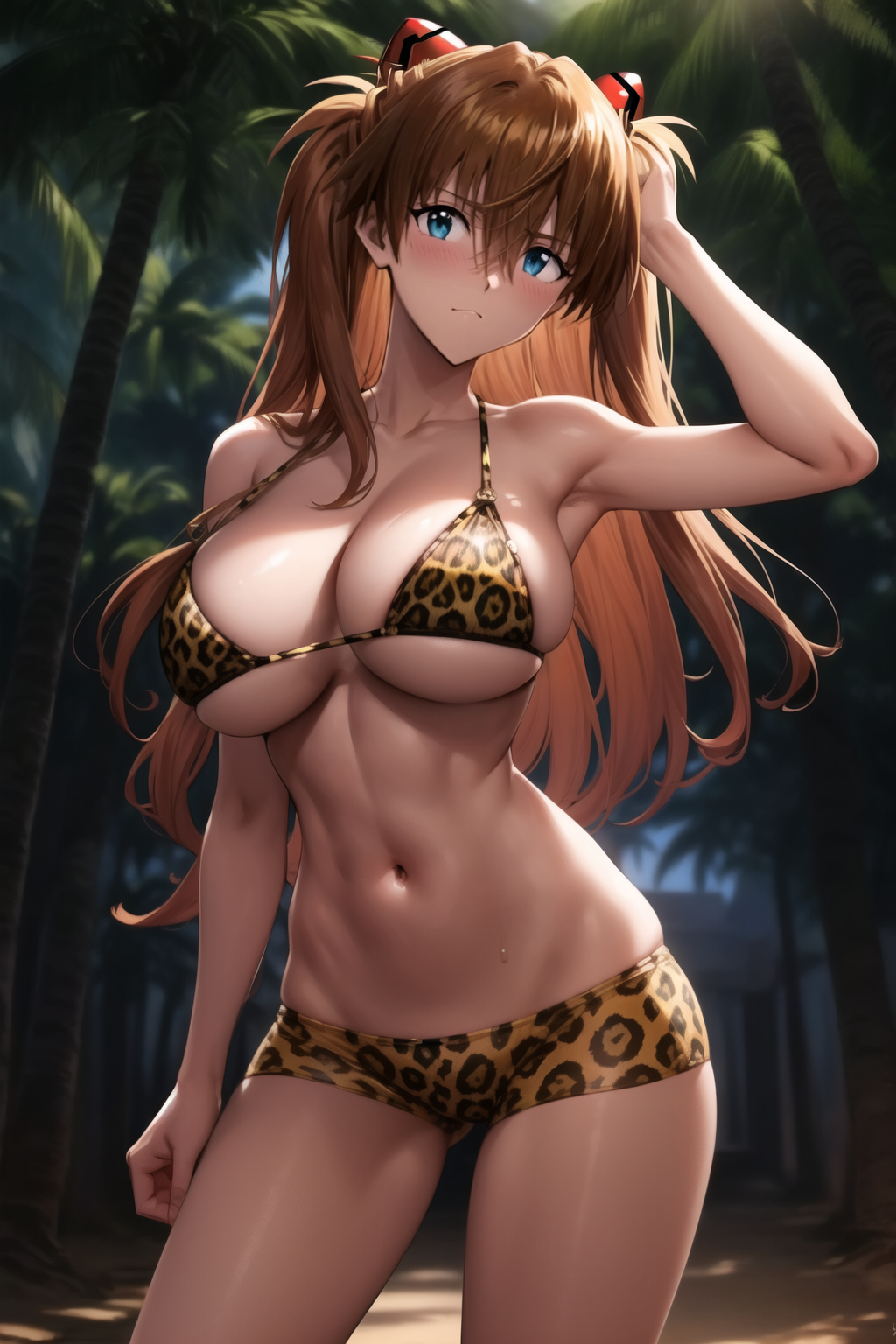 1girl ai-created ai_generated animal_print armpits asuka_langley_sohryu bangs bare_arms bare_shoulders big_breasts bikini bikini_shorts blue_eyes blurry blurry_background blush bodily_fluids breasts brown_hair cameltoe clavicle cleavage closed_mouth clothing contrapposto cowboy_shot day female female_only hair_between_eyes hair_ornament headgear headwear high_resolution interface_headset jungle jungle_girl large_breasts leopard_print linea_alba long_hair looking_at_viewer navel neon_genesis_evangelion orange_hair outdoors palm_tree rena_aikawa_(pixiv_user) shiny short_shorts shorts sky smile solo solo_female stable_diffusion standing stomach sweat swimsuit tagme thighs tied_hair tree underboob very_long_hair water