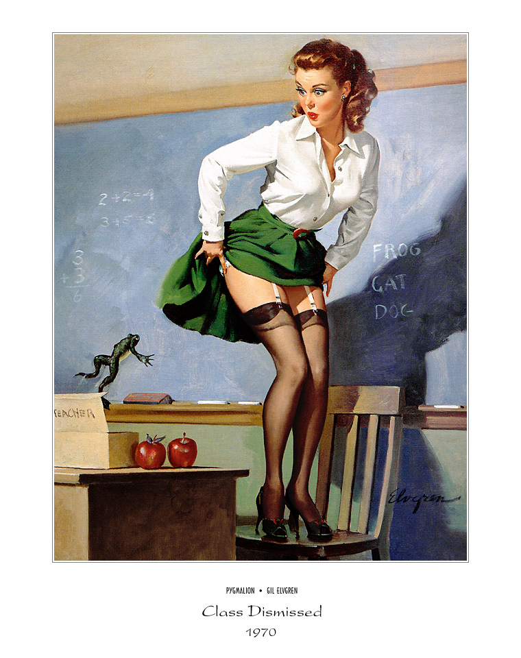 20th_century chalkboard classroom frog gil_elvgren painting_(artwork) pin-up pinup prank teacher traditional_media_(artwork) vintage