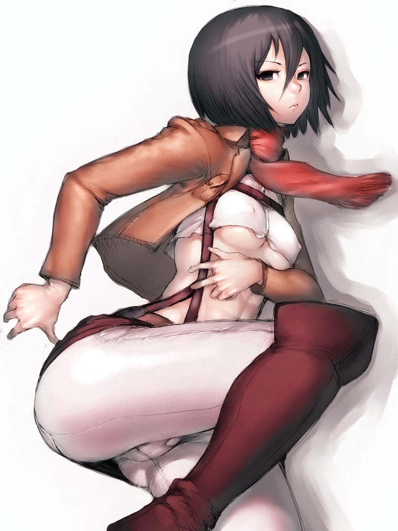 1girls, abs, attack on titan, black eyes, black hair, boots, breasts, cameltoe, erect nipples, female, female only, fumio (rsqkr), hourglass figure, jacket, midriff, mikasa ackerman, navel, nipples, pussy, scarf, shingeki no kyojin, short hair, simple background, small breasts, solo, underboob