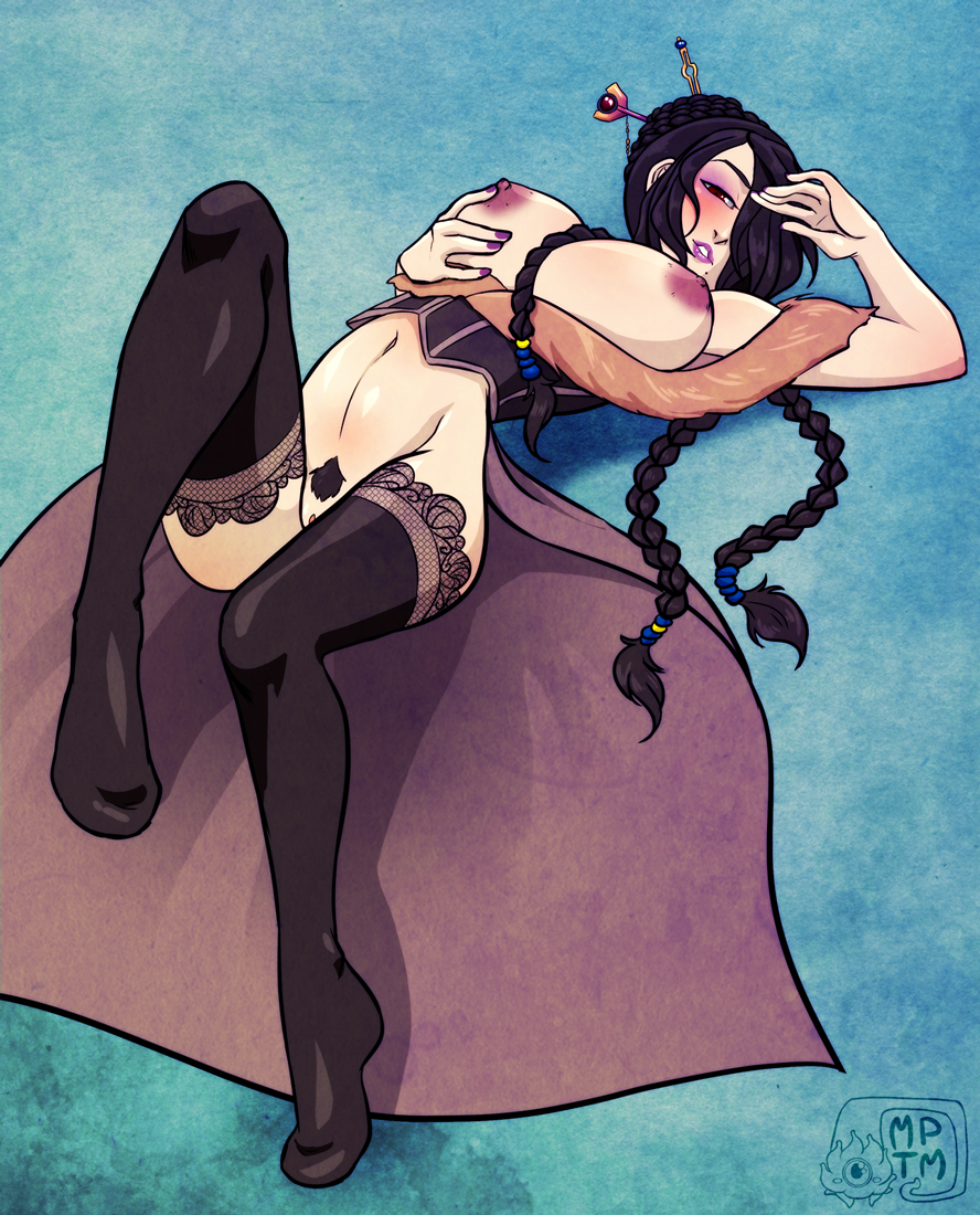 1girls, 2d, beauty mark, black hair, braids, breast grab, breasts, corset, female, female only, female pubic hair, final fantasy, final fantasy x, hair ornament, hair over one eye, hairpin, large breasts, lipstick, lulu (final fantasy), lying, mole, my pet tentacle monster, navel, nipples, pubic hair, purple lips, pussy, red eyes, solo, solo female, thighhighs