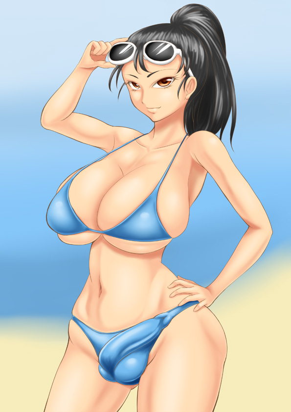 1futa, balls, balls in panties, beach, bikini, black hair, breasts, brown eyes, bulge, busty, cameltail, cleavage, futa only, futanari, hourglass figure, intersex, large breasts, navel, penis, penis in panties, ponytail, solo, standing, sunglasses, tied hair, tontoro8, voluptuous
