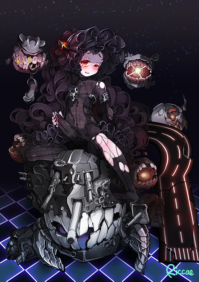 1boy black_hair blush bulge crossdressing dress erection erection_under_clothes glowing glowing_eyes gothic_lolita isolated_island_oni kantai_collection lolita_fashion long_hair looking_at_viewer male no_shoes open_mouth pale_skin pantyhose precum red_eyes riccae shinkaisei-kan sitting solo tears torn_clothes trap very_long_hair wince