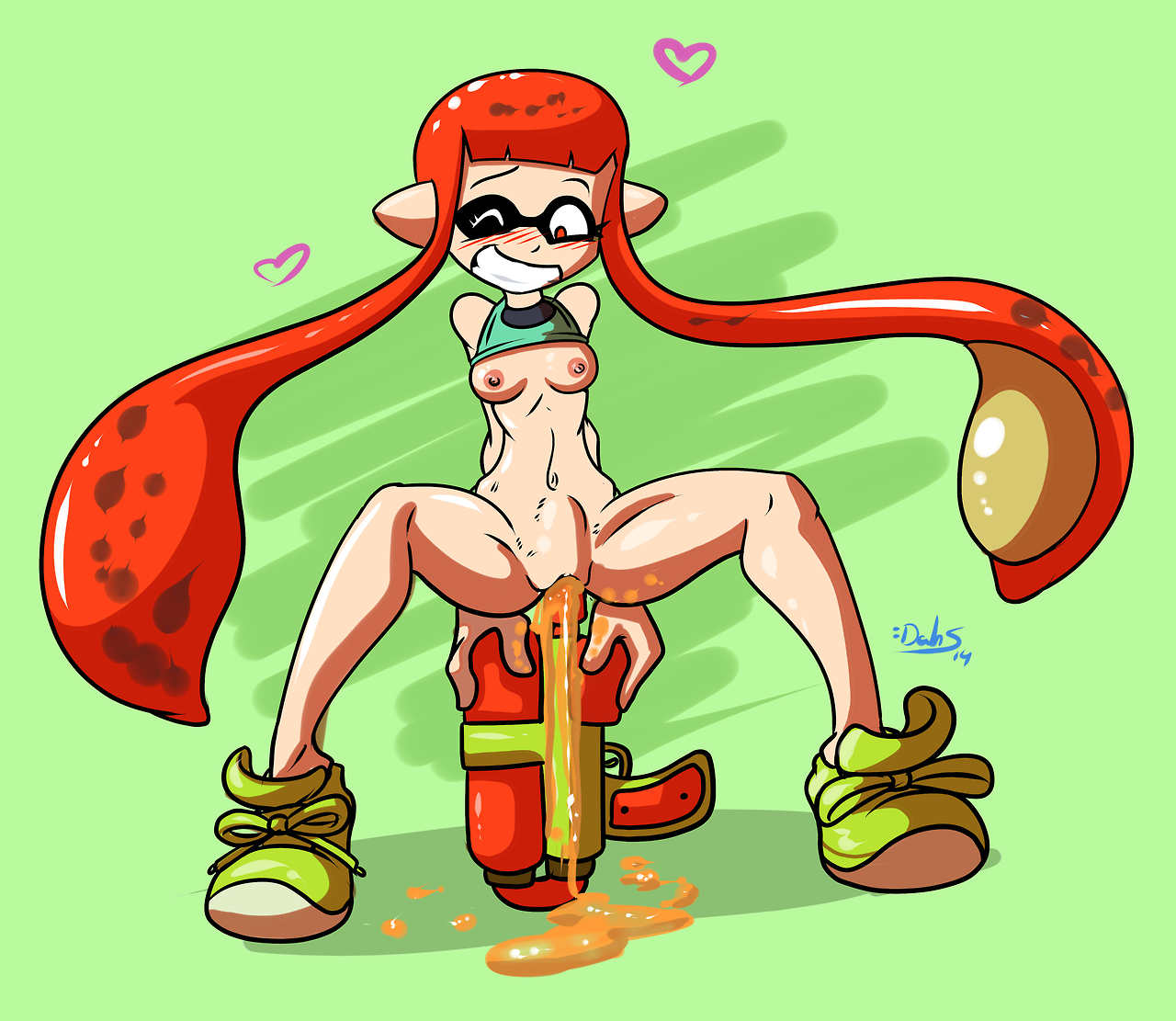 2014 blush breasts clenched_teeth dahs female green_background inkling inkling_girl long_hair mask masturbation nintendo orange_eyes orange_hair pointy_ears shirt_lift simple_background smile smooth_skin solo splatoon spread_legs squid super_soaker tentacle_hair tied_hair twintails vaginal_insertion vaginal_penetration wince