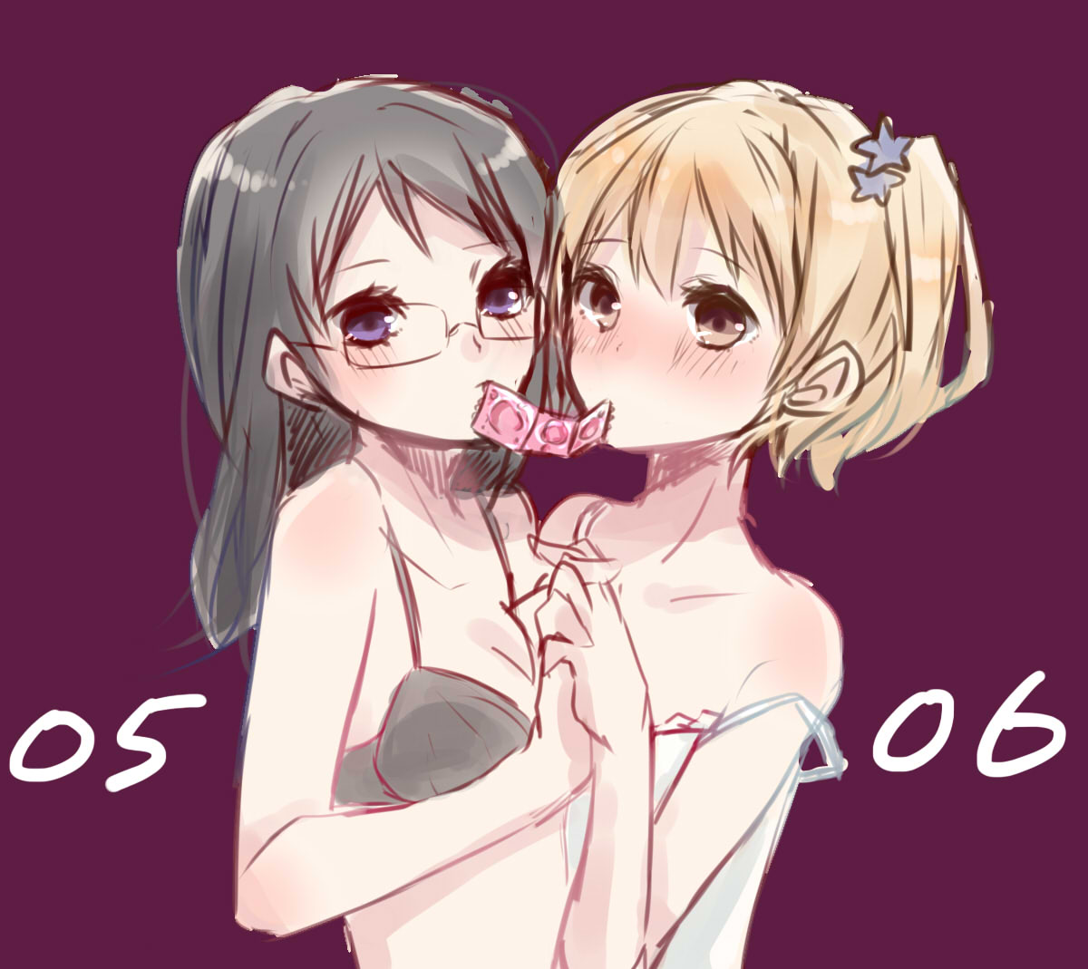 2girls bare_shoulders black_hair blush bra breasts brown_eyes brown_hair condom furumachi_kyuu glasses haikyuu!! hair_ornament long_hair mouth_hold multiple_girls purple_background purple_eyes shimizu_kiyoko short_hair side_ponytail star yachi_hitoka