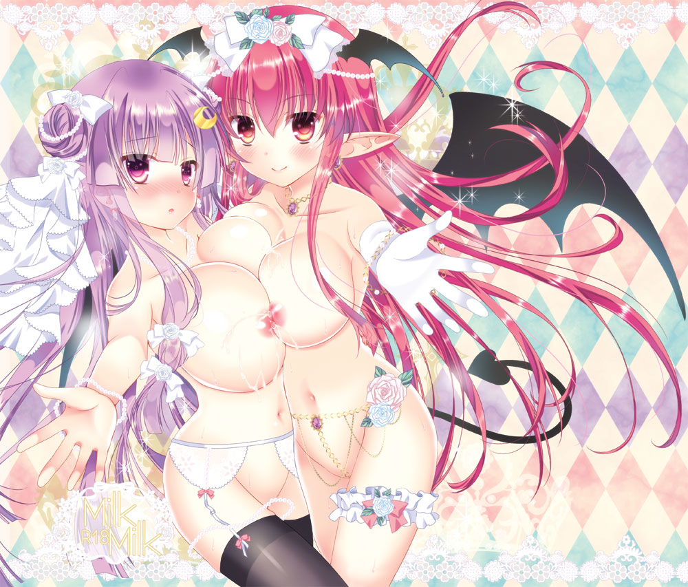 2girls areolae argyle argyle_background asymmetrical_docking black_legwear blush breast_press breasts crescent_hair_ornament demon_tail demon_wings garter_belt hair_ornament head_wings huge_breasts koakuma large_breasts long_hair multiple_girls navel nude patchouli_knowledge pekopokox pointy_ears purple_eyes purple_hair red_eyes red_hair succubus tail touhou wings