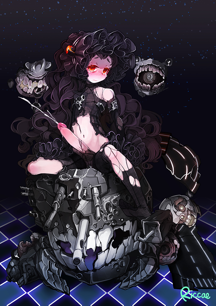 1boy black_hair blush bulge crossdressing cum dress ejaculation erection erection_under_clothes glowing glowing_eyes gothic_lolita isolated_island_oni kantai_collection lolita_fashion long_hair looking_at_viewer male navel no_shoes orgasm pale_skin pantyhose penis precum red_eyes riccae shinkaisei-kan shoes_removed sitting solo tears torn_clothes trap very_long_hair wince