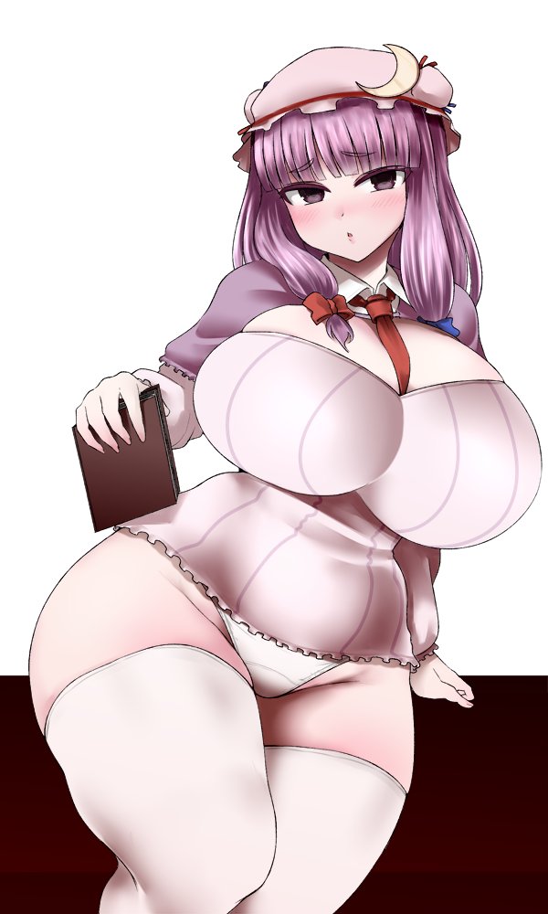 big_breasts blush book breasts curvy ginku_mh hat panties patchouli_knowledge purple_eyes purple_hair slightly_chubby stockings thighs touhou wide_hips