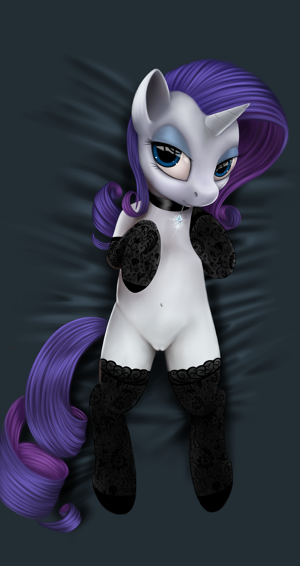 blue_eyes clothing collar cutie_mark elbow_gloves equine eyeshadow female feral friendship_is_magic fur gem gloves hair half-closed_eyes horn legwear lingerie looking_at_viewer lying makeup mammal my_little_pony navel on_back overhead partially_clothed purple_hair pussy rarity_(mlp) solo stockings thigh_highs tres-apples unicorn white_fur