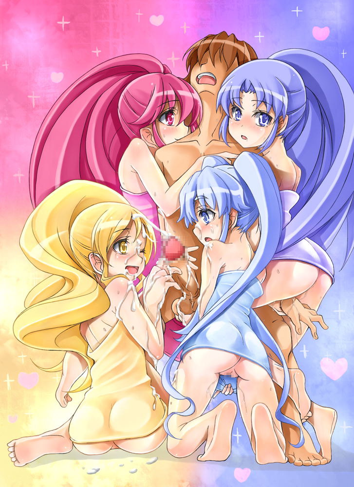 1boy 4girls aino_megumi ass bare_shoulders blonde_hair blue_eyes blue_hair blush brown_hair censored cum cure_fortune cure_honey cure_lovely cure_princess ejaculation faceless faceless_male facial handjob happinesscharge_precure! harem heart hikawa_iona kneeling long_hair looking_at_viewer magical_girl mosaic_censoring multiple_girls no_panties one_eye_closed oomori_yuuko open_mouth penis pink_eyes pink_hair ponytail precure pretty_cure purple_eyes purple_hair pussy sagara_seiji shirayuki_hime taiyaki_a testicles tied_hair towel twintails very_long_hair yellow_eyes