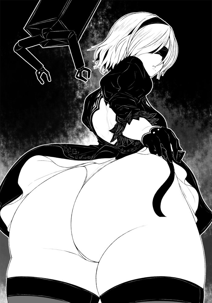 ass, breasts, female, ginku mh, gloves, monochrome, nier: automata, sideboob, stockings, thighs, thong, white hair, wide hips, yorha 2b