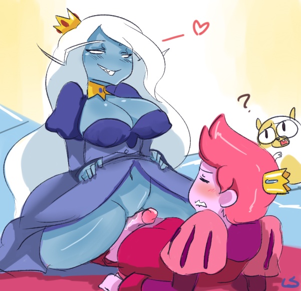 1boy 2girls adventure_time age_difference big_breasts blush cowgirl_position ice_queen_(adventure_time) lightsource penis pink_hair pink_skin prince_gumball pussy_rub tease teasing thighs