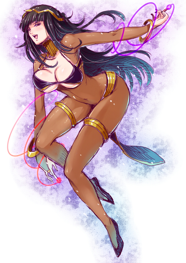 black hair, bodystocking, bodysuit, bra, bracelet, circlet, cleavage, erokosei, female, fire emblem, fire emblem awakening, loincloth, long hair, nintendo, shoes, tharja (fire emblem)