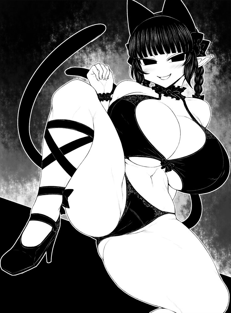 animal_ears blush bra braids breasts cat_girl choker ginku_mh high_heels huge_breasts monochrome panties pointy_ears rin_kaenbyou smile tail thighs touhou