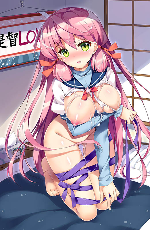 akashi_(kantai_collection) areolae barefoot blush breasts cum cum_on_body cum_on_breasts cum_on_hair cum_on_lower_body cum_on_upper_body female fusuma green_eyes hair_ribbon kantai_collection large_breasts long_hair looking_at_viewer nipples open_mouth pink_hair puffy_nipples rei_(rei's_room) ribbon school_uniform serafuku skirt sliding_doors solo torn_clothes