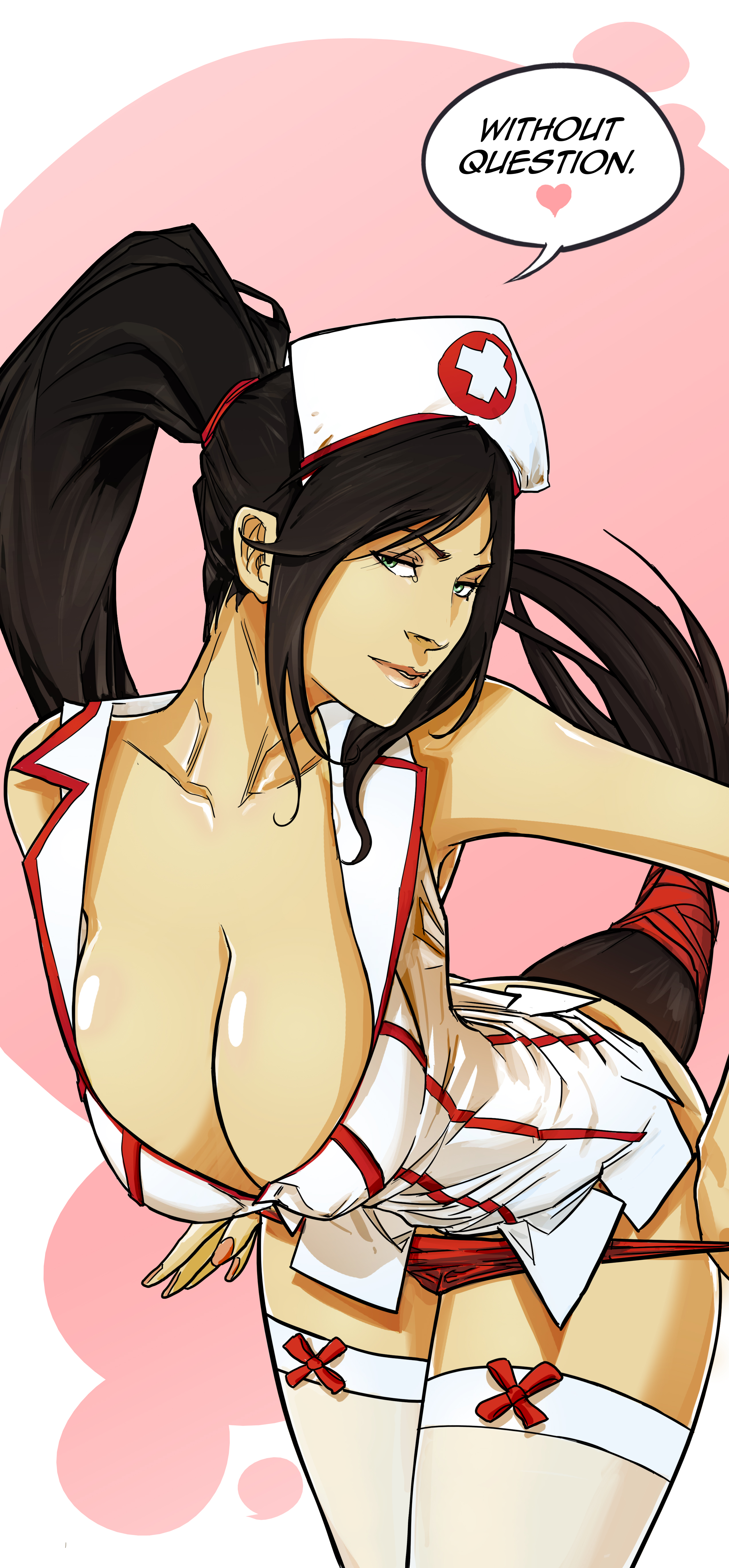 akali jhomen tethi, bent over, breasts, brown hair, cleavage, english, female, green eyes, hat, head tilt, highres, league of legends, leaning forward, long hair, nipples, nurse, nurse akali, nurse cap, panties, panty pull, parted lips, ponytail, smile, solo, the grind series, thighhighs, tied hair, uger, underwear, undressing, white legwear