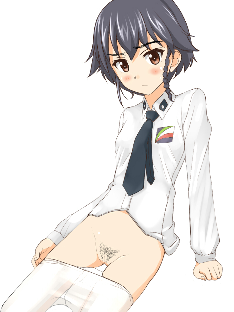 black_hair blush braid brown_eyes cleft_of_venus female girls_und_panzer necktie pantyhose pantyhose_pull pepperoni_(girls_und_panzer) pubic_hair pussy short_hair single_braid solo takafumi uniform white_background white_legwear