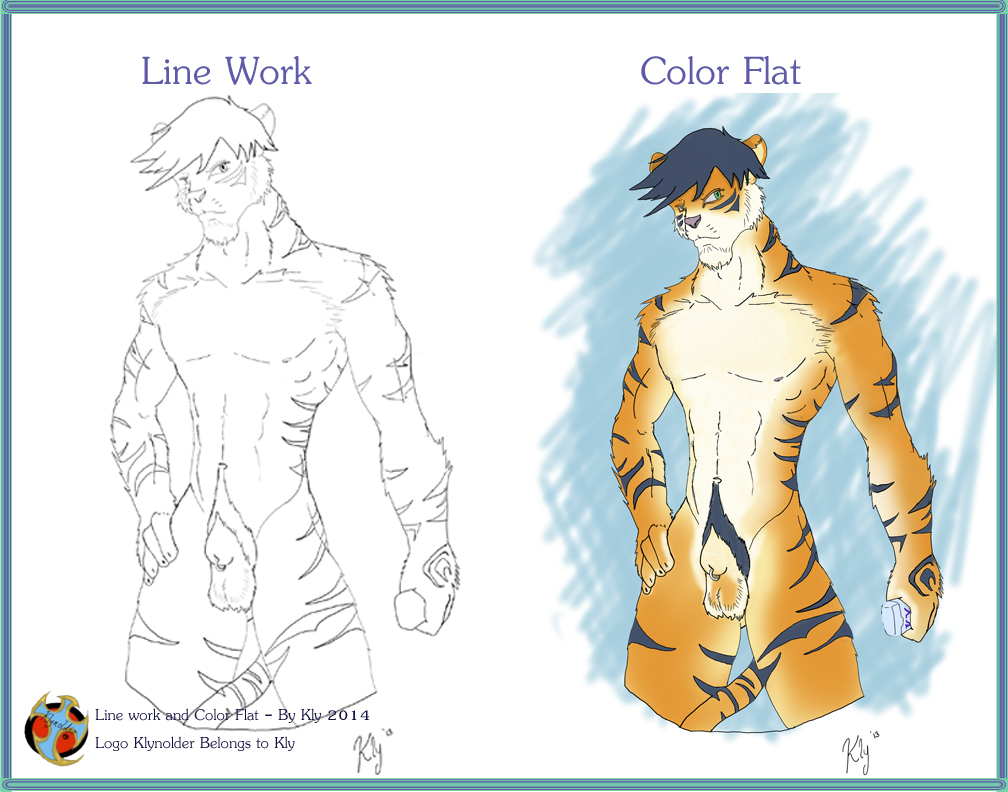 color feline furry kly klynolder line male male_only mammal muscles nude piercing sheath solo tiger