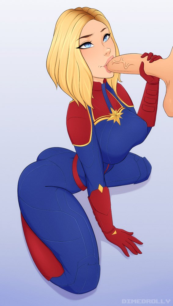 1boy 1girls balls big_penis blonde_hair blue_eyes captain_marvel carol_danvers clothing dimedrolly duo faceless_male fellatio female hair male marvel oral penis penis_grab straight straight_hair sucking uniform