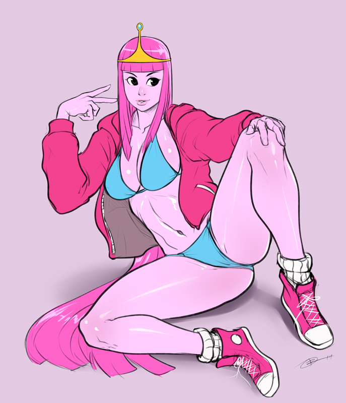 adventure time, anklehighs, bikini, breasts, cartoon network, cleavage, crown, female, female only, izra, jacket, long hair, navel, pink hair, pink skin, princess bubblegum, shoes, sitting, sneakers, socks, solo, swimsuit, turn cuff socks, white socks