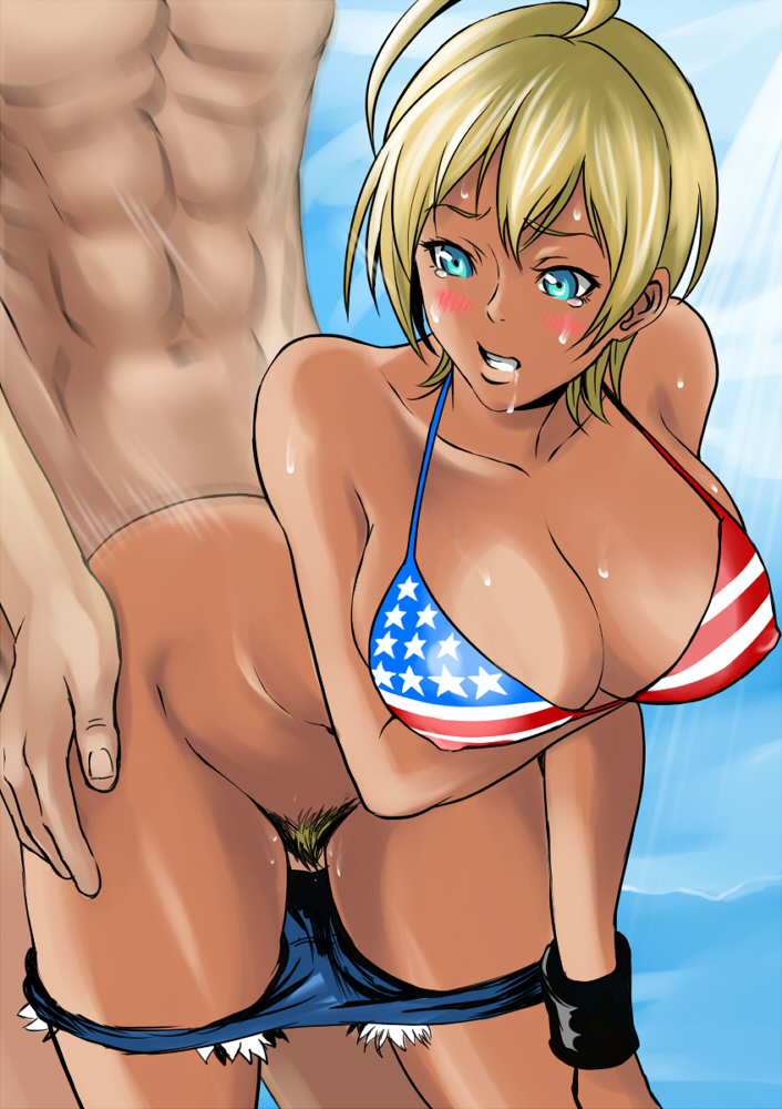 1boy, 1girls, abs, ahoge, american flag, american flag bikini, bare shoulders, blonde hair, blonde-haired female, blue eyes, blush, bracelet, breasts, cheating, cleavage, dark skin, erect nipples, female, flag bikini, fur, large breasts, male, mito ikumi, netorare, nipples, open mouth, sex, shokugeki no souma, shorts