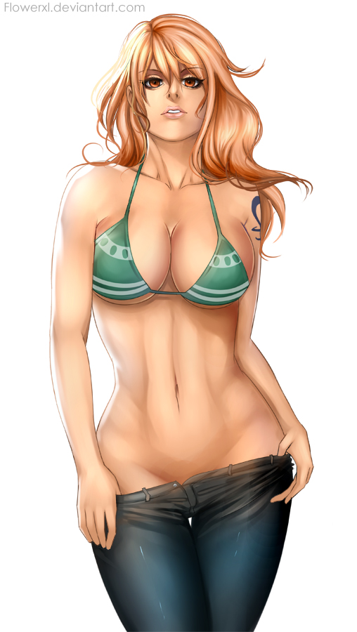bikini, bikini top, breasts, cleavage, clothing, female, female only, flowerxl, human, jeans, long hair, looking at viewer, nami (one piece), navel, one piece, orange eyes, orange hair, pants pull, parted lips, post-timeskip, solo, striped bikini, tattoo, uncensored, undressing, white background