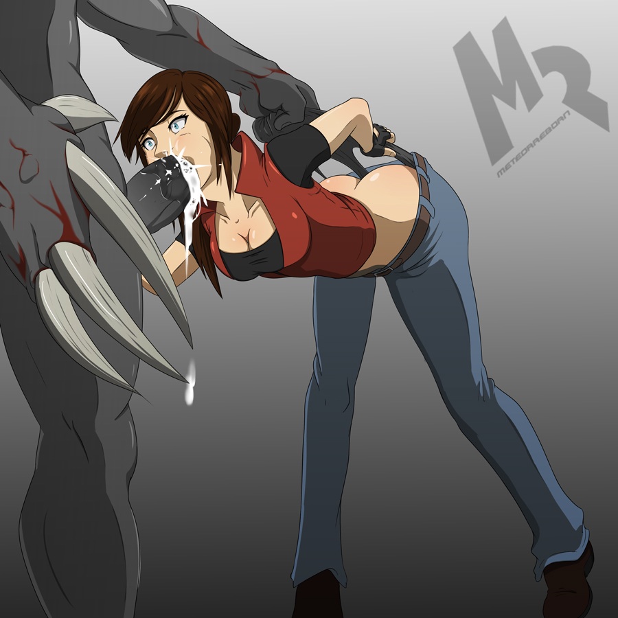 ass, bent over, black panties, blue eyes, blush, brown hair, claire redfield, claws, cleavage, clothed, cum, cum drip, cum in mouth, cum in throat, cum on face, deep blowjob, deepthroat, fellatio, female, gag, gagging, gloves, human, interspecies, large penis, long hair, male, meteorreb0rn, monster, monster on female, monster sex, muscular, oral, panties, panty pull, penis, ponytail, resident evil, resident evil code veronica, size difference, straight, throat bulge, tied hair, tyrant, uncensored, wedgie
