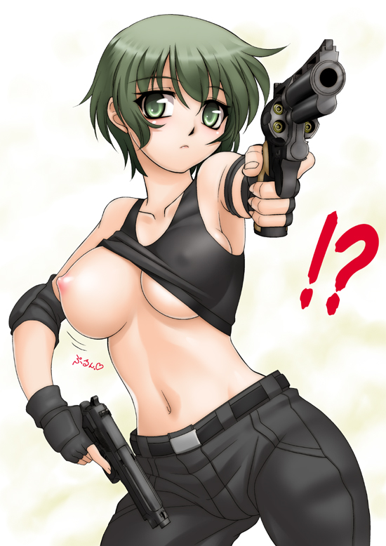 1girls accidental_exposure areolae armpit bare_shoulders beretta_92_(weapon) breasts curvy dual_wielding ein_(phantom) elbow_pads enf erect_nipples exposed exposed_nipples female female_only fingerless_gloves gloves green_eyes green_hair gun handgun large_breasts lipstick nipple_bulge nipples no_bra one_breast_out pants phantom_of_inferno pistol requiem_for_the_phantom revolver sakura_ryuuken semiautomatic shirt_lift short_hair surprised tank_top wardrobe_malfunction weapon wide_hips