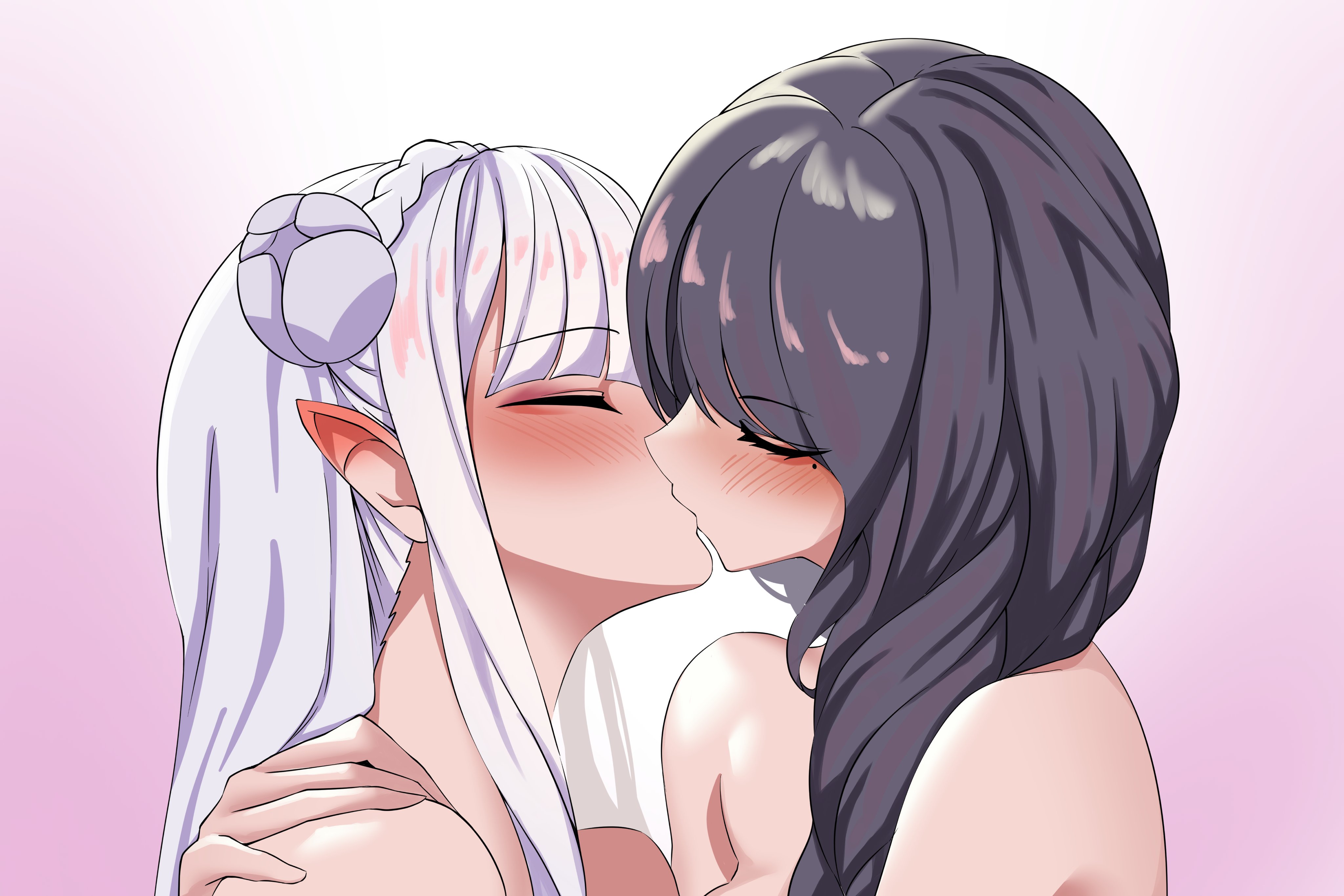 2girls, black hair, blushing, elf, elf ears, elf female, elsa granhilte, emilia (re:zero), female/female, kissing, lesbian, lesbian kiss, naked, naked female, nude, nude female, re:zero kara hajimeru isekai seikatsu, silver hair, ve666ve, yuri