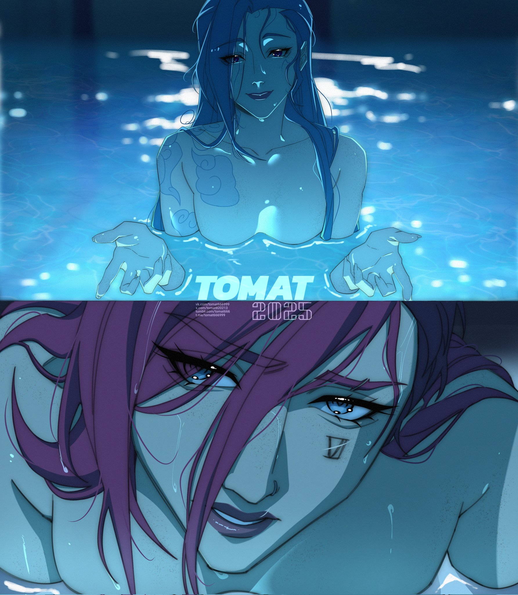 2d, 2girls, arcane, arcane jinx, arcane vi, blue eyes, blue hair, breasts, female, female only, freckles, i'll teach you everything (chainsaw man), implied yuri, incest, jinx (league of legends), league of legends, nude, reze in the pool (meme), siblings, sisters, swimming, swimming pool, tattoo, tattoos, tomat666, vi, vi (league of legends), water, yuri