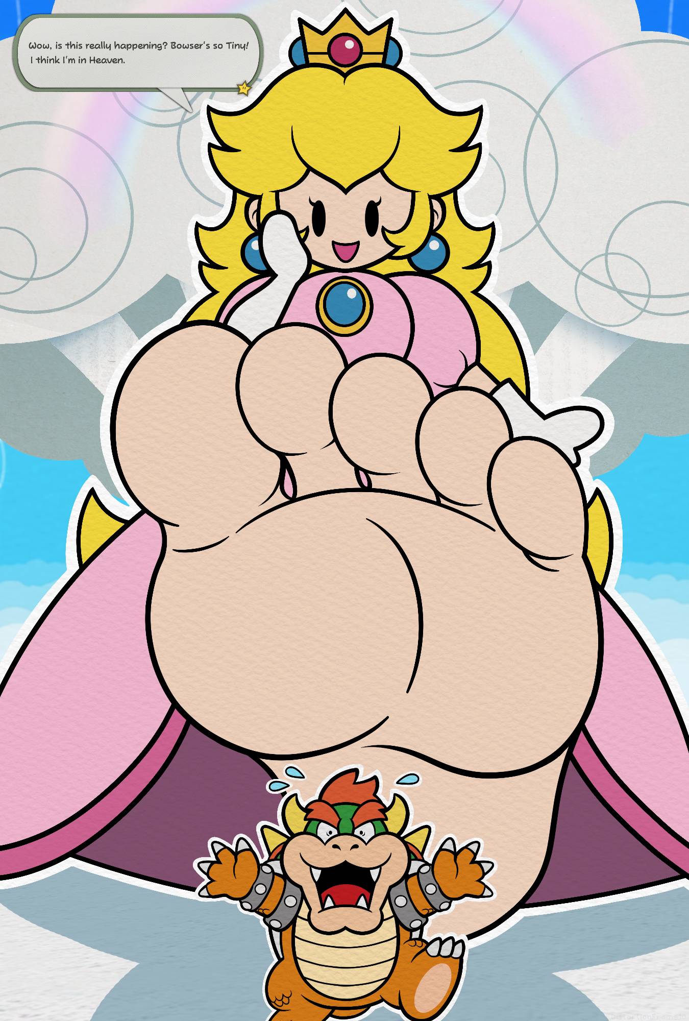 1boy 1boy1girl 1girl1boy 1girls 2d 5_toes accurate_art_style animal animal_tail anthro background barefeet barefoot bigger_female blonde_female blonde_hair blonde_hair_female bowser close-up clouds crown deviantart_link dialogue digital_drawing_(artwork) digital_media_(artwork) distortionframe10 dress earrings english_dialogue english_text expressions female female_focus foot_fetish furry furry_male giant_female giantess gloves gts hands_up happy happy_female hd hi_res high_resolution highres human human_female looking_down male/female mario_(series) mouth_open nintendo paper_bowser paper_mario paper_mario:_sticker_star paper_mario:_the_origami_king paper_mario:_the_thousand-year_door paper_mario:_the_thousand_year_door paper_peach princess princess_peach reptile royalty running scalie scared scared_expression smaller_male smile smiling soles soles_female stomp stomping talking_to_self tiny_male toes video_game_character video_game_franchise video_games water_drop white_body white_skin
