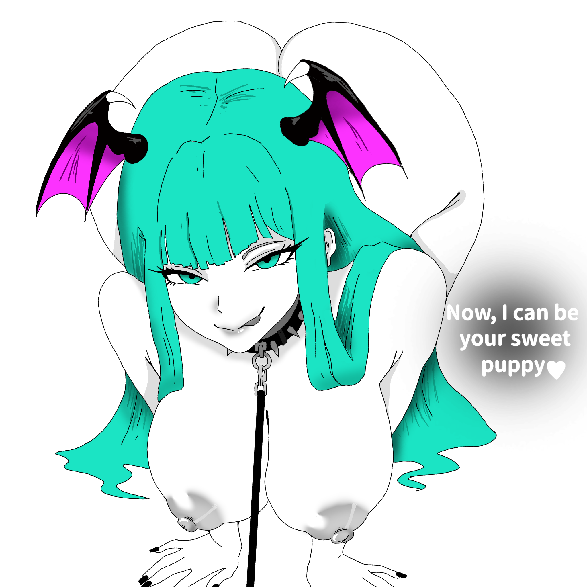 1boy, 1girls, all fours, bat wings, big ass, big breasts, big nipples, black nails, bondage, bound, capcom, choker, collar, consensual, curvy, darkstalkers, dialogue, domination, english text, female, femsub, green hair, heart symbol, horns, humiliation, kink, leash, leash and collar, leon 0008, long hair, looking at viewer, morrigan aensland, nipples, nsfw, older female, power exchange, roleplay, self upload, sex slave, sexual submission, slave, smile, smirk, smooth skin, soft lighting, speech bubble, submissive, submissive female, succubus, text, thick thighs, tongue, tongue out, wide hips, wings