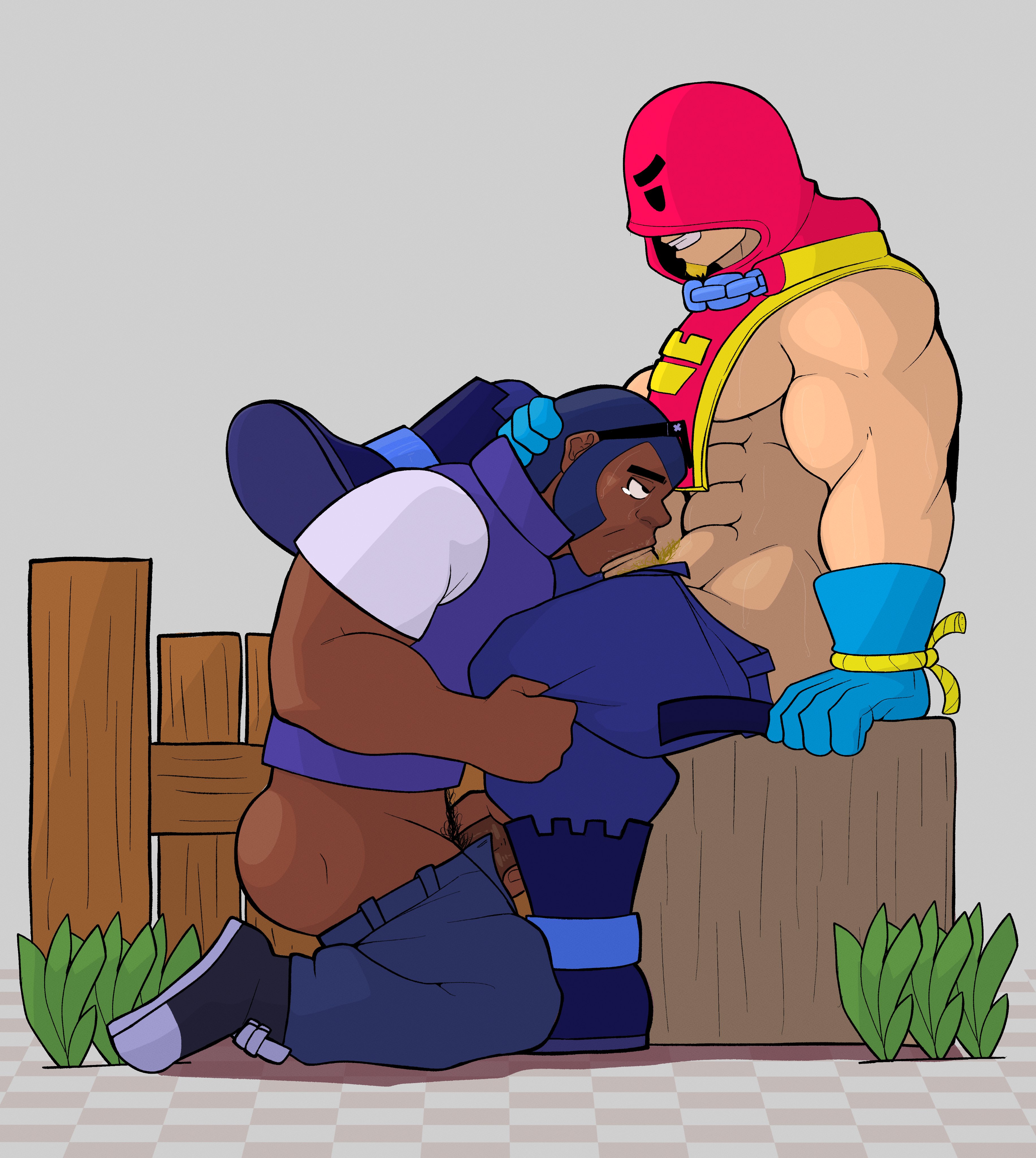 2boys, athletic, bara, baraboy, blowjob, blowjob face, brawl stars, brock (brawl stars), buff, dark skin, fellatio, gay, gay sex, grom (brawl stars), interracial, light skin, male on male, male only, male/male, maledom/malesub, muscular, outside sex, russian, sucking penis, supercell, supercell (company), tears of pleasure, unseen face, yaoi