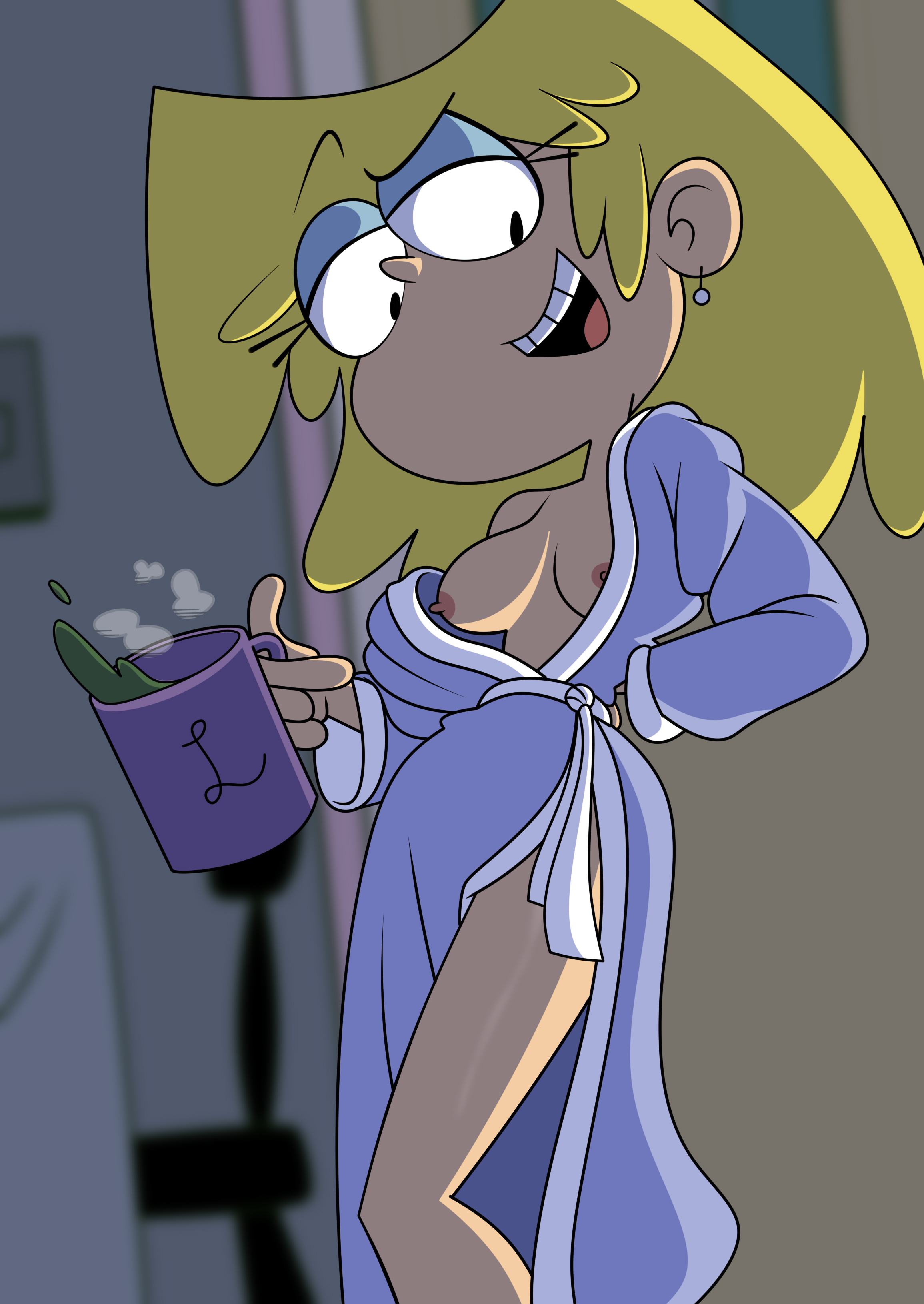 1girls, 2d, 2d (artwork), 2d artwork, accurate art style, blonde female, blonde hair, breast slip, breasts, caucasian female, clothing, coffee, coffee mug, earrings, eye shadow, female, female focus, female only, gyaradosageiii, leg, looking down at viewer, lori loud, night, nipple slip, nipples, pinup, revealing breasts, revealing clothes, robe, robe only, robe slip, skinny, skinny female, slim female, smile, the loud house