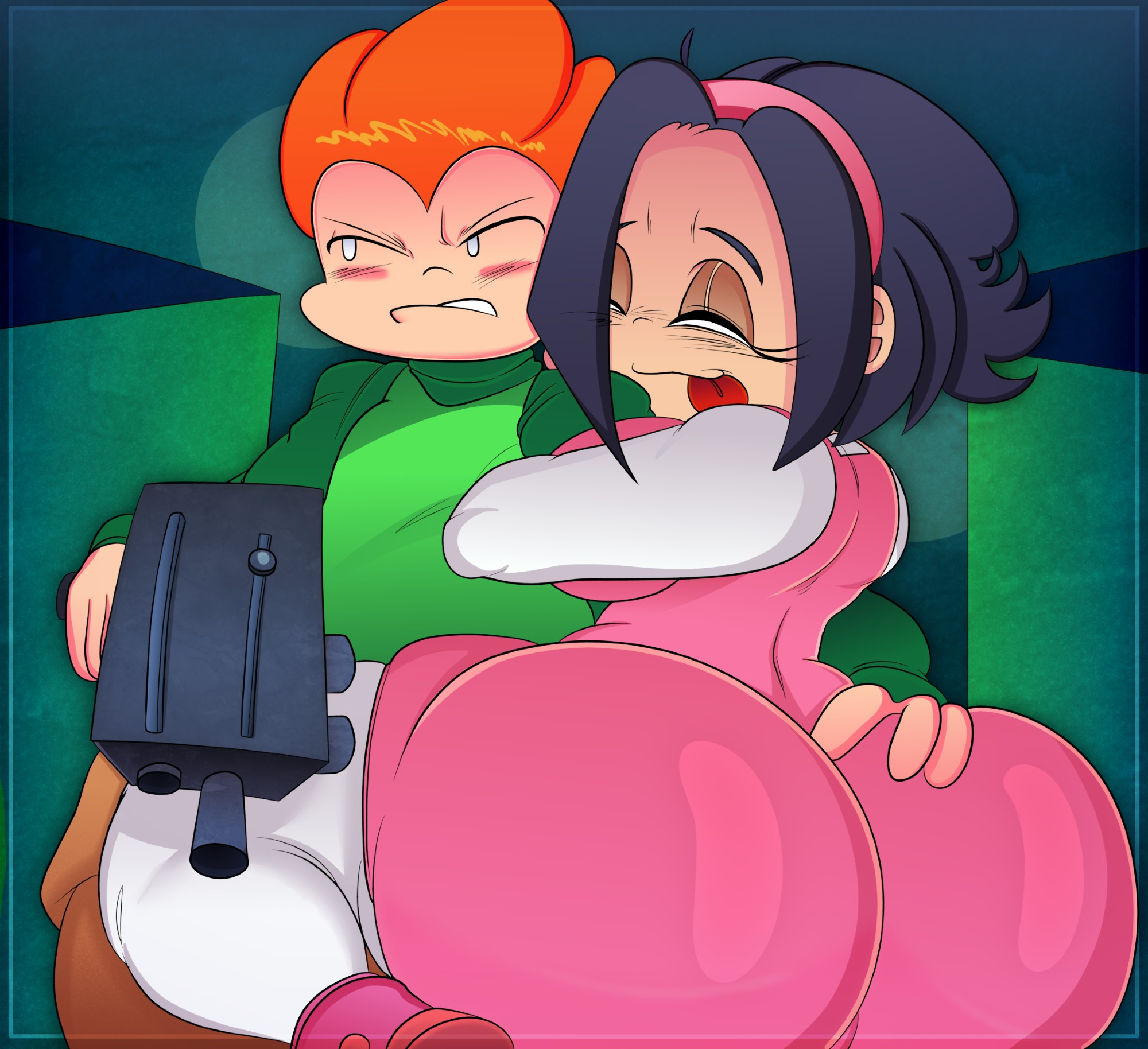 annoyed, annoyed expression, big ass, big breasts, blush, breasts pressed against partner, bubble butt, dark hair, dumptruck ass, embarrassed, fat ass, female, friday night funkin, grabbing, grabbing ass, huge ass, hugging, hugging neck, large ass, large breasts, naughty face, nene (newgrounds), newgrounds, orange hair, pico (newgrounds), pico's school, round ass, short hair, sitting on lap, suwodirector, thick ass, thick thighs, thighhighs, thighs, tongue, tongue out, touching ass, white eyes