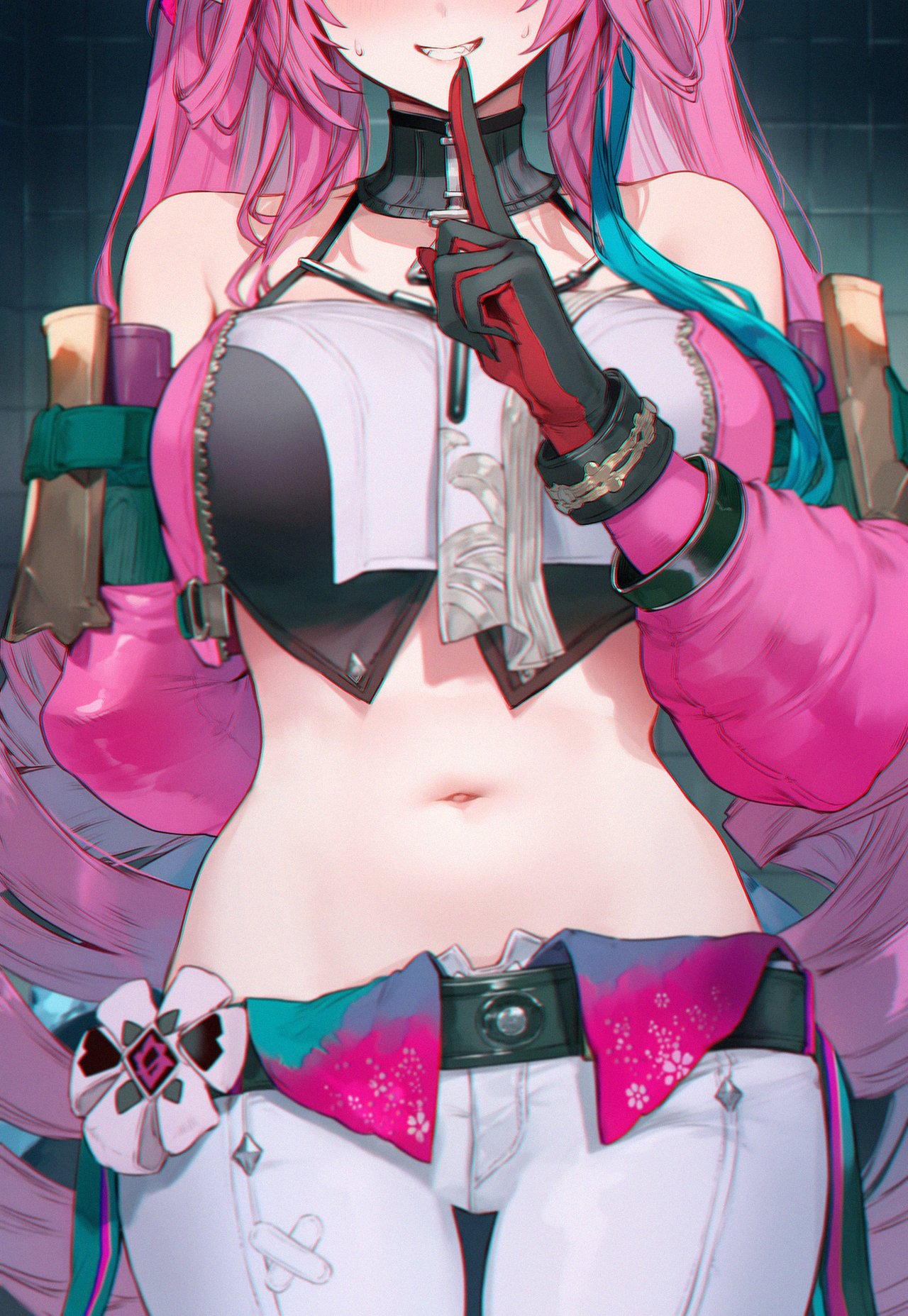ai generated, arknights, arknights: endfield, belly, belly button, crop top, exposed belly, exposed torso, hips, low waisted pants, medium breasts, midriff, navel, pink hair, shh, smile, solo female, waist, yvonne (arknights: endfield)