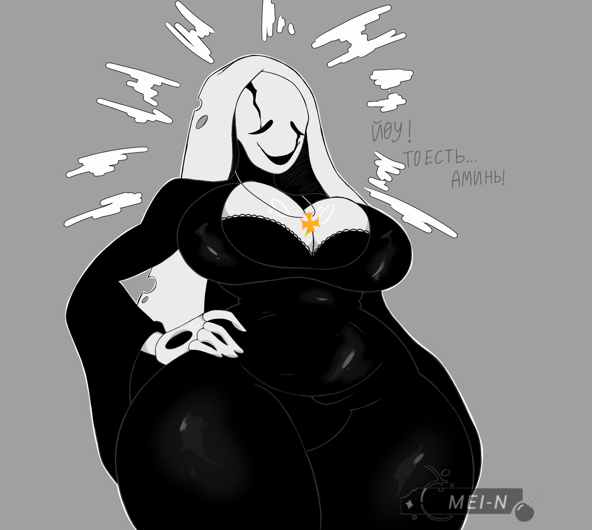 black dress, breasts, cleavage, deltarune, fem gaster, female, female only, gaster, grey background, hand on own waist, hand on waist, mei n, mei-n, necklace, nun, nun hat, nun outfit, russian text, solo, tagme, text, thick thighs, tight clothing, tight dress, undertale, undertale (series), watermark