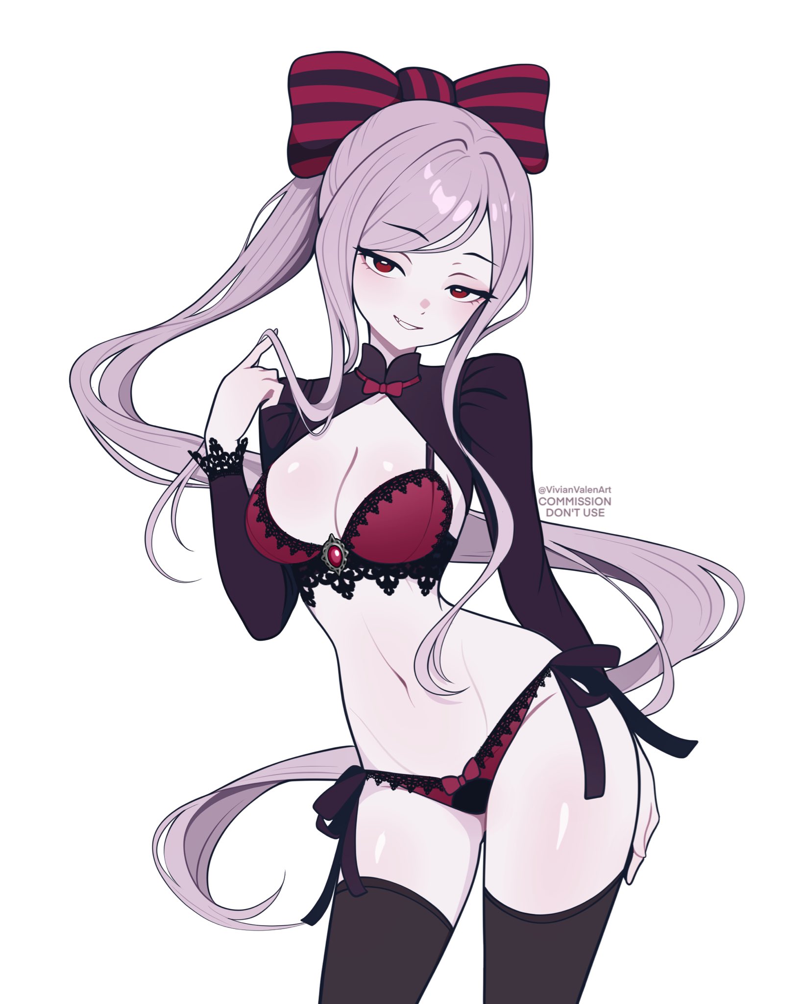 bra, gothic, hair ribbon, lace, lingerie, lingerie only, overlord (maruyama), pale skin, panties, red eyes, ribbon, shalltear bloodfallen, smirk, smirking at viewer, stockings, tagme, vampire, vampire girl, vivianvalenart, white hair