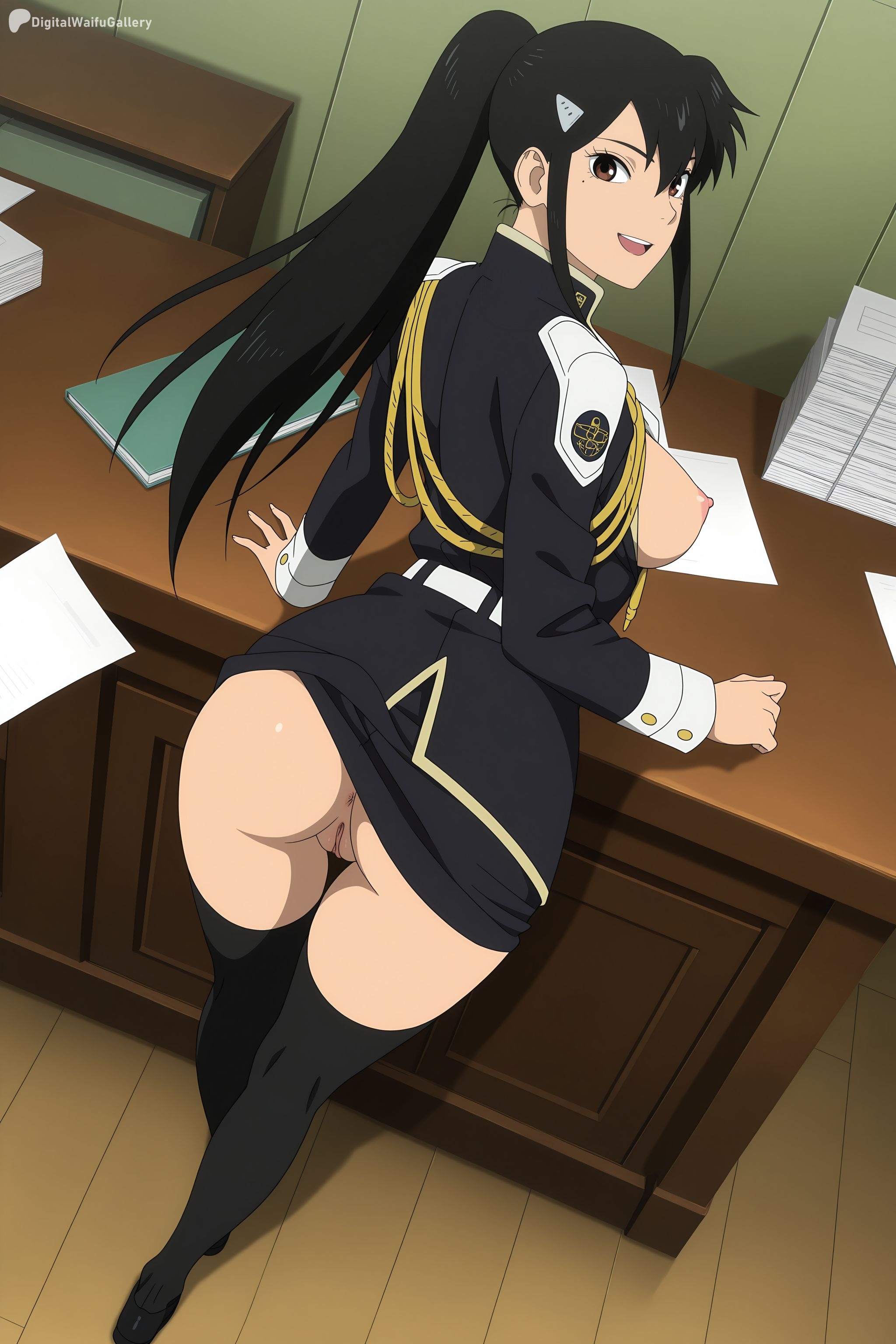 ai generated, ass, black hair, black legwear, breasts, breasts outside, censored, digitalwaifugallery, female, female only, hair ornament, hi res, high quality, high resolution, kaiju no.8, large breasts, long hair, looking at viewer, looking back, mina ashiro, nipples, open mouth, paper, patreon, ponytail, pussy, seductive, sexy, skirt, smile, solo, thighhighs, uncensored, uniform, watermark