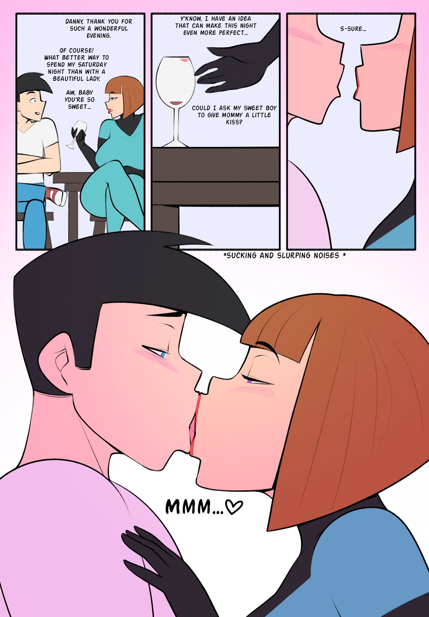 comic, comic page, danny fenton, danny phantom, dialog, dialogue, drunk, elbow gloves, female, gloves, imminent sex, incest, jopuari, kissing, madeline fenton, male, mature, mature female, mommy, mother, mother and son, tagme, wine, wine glass