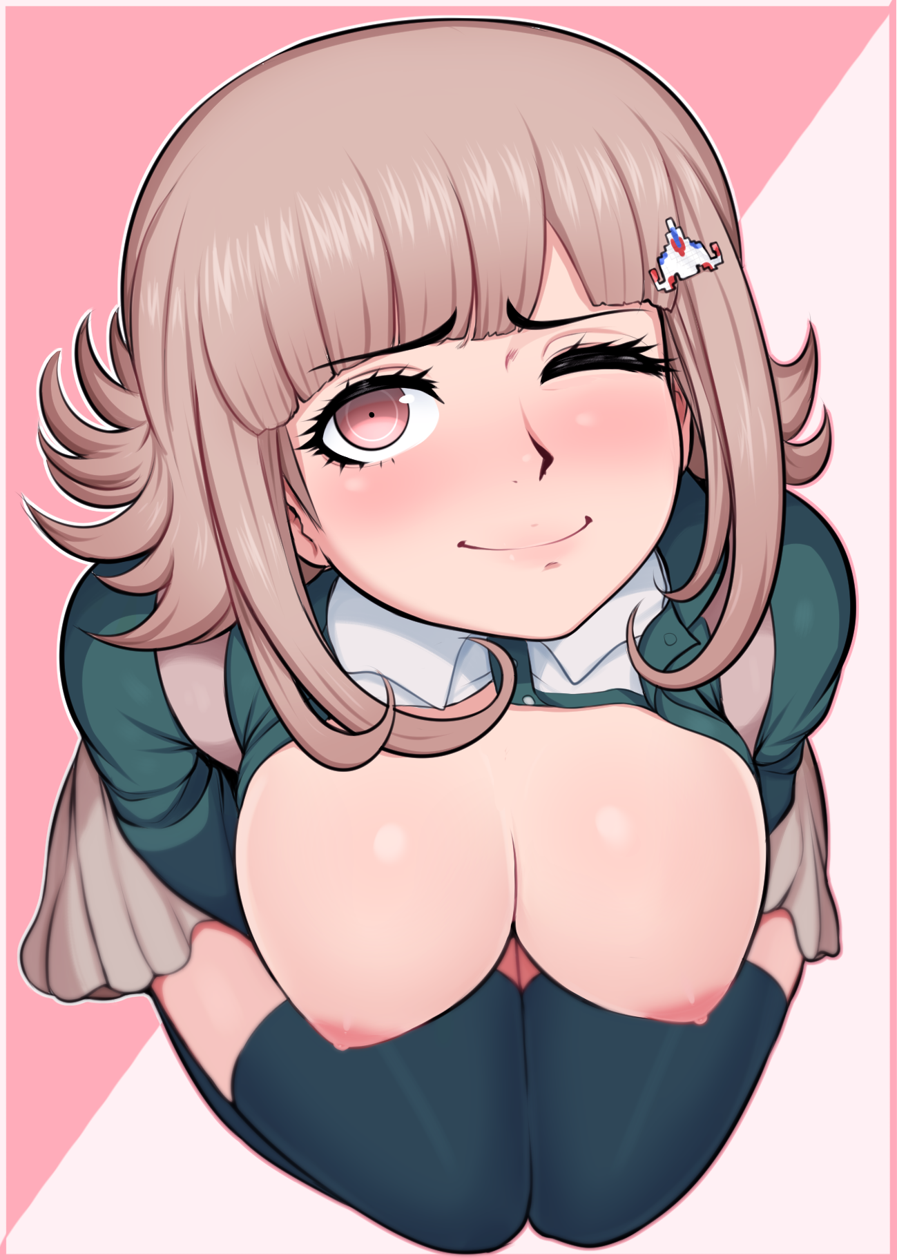 1girls, afrobull, big breasts, blush, breasts, danganronpa, danganronpa 2: goodbye despair, female, female only, hair ornament, jerkoff visual assistance, kneeling, looking at viewer, nanami chiaki, nervous, one eye closed, open clothes, pink background, pink eyes, pink hair, short hair, skirt, smiling, stockings, straight hair, tights, waiting for cum, wink
