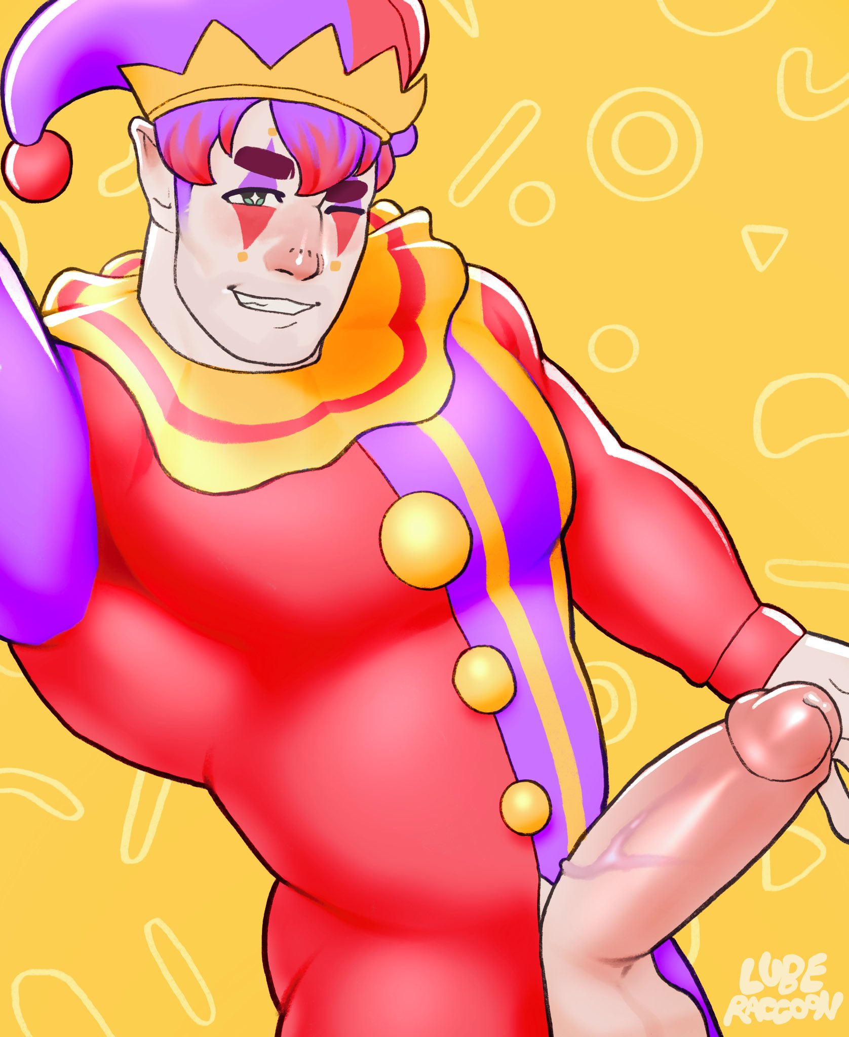 1boy, 2020s, 2025, big chest, cock out, cock out of pants, dick out, dick out of pants, erect, erect cock, erect dick, erect penis, erection, face makeup, gloves, hugh morris, jester, jester hat, jester outfit, lube raccoon, male, male only, mii, nintendo, penis out, penis out of pants, precum, precum drip, precum on penis, sketch, smiling, solo, solo male, tomodachi life, tomodachi life: living the dream, veins on cock, veins on dick, veins on penis, winking