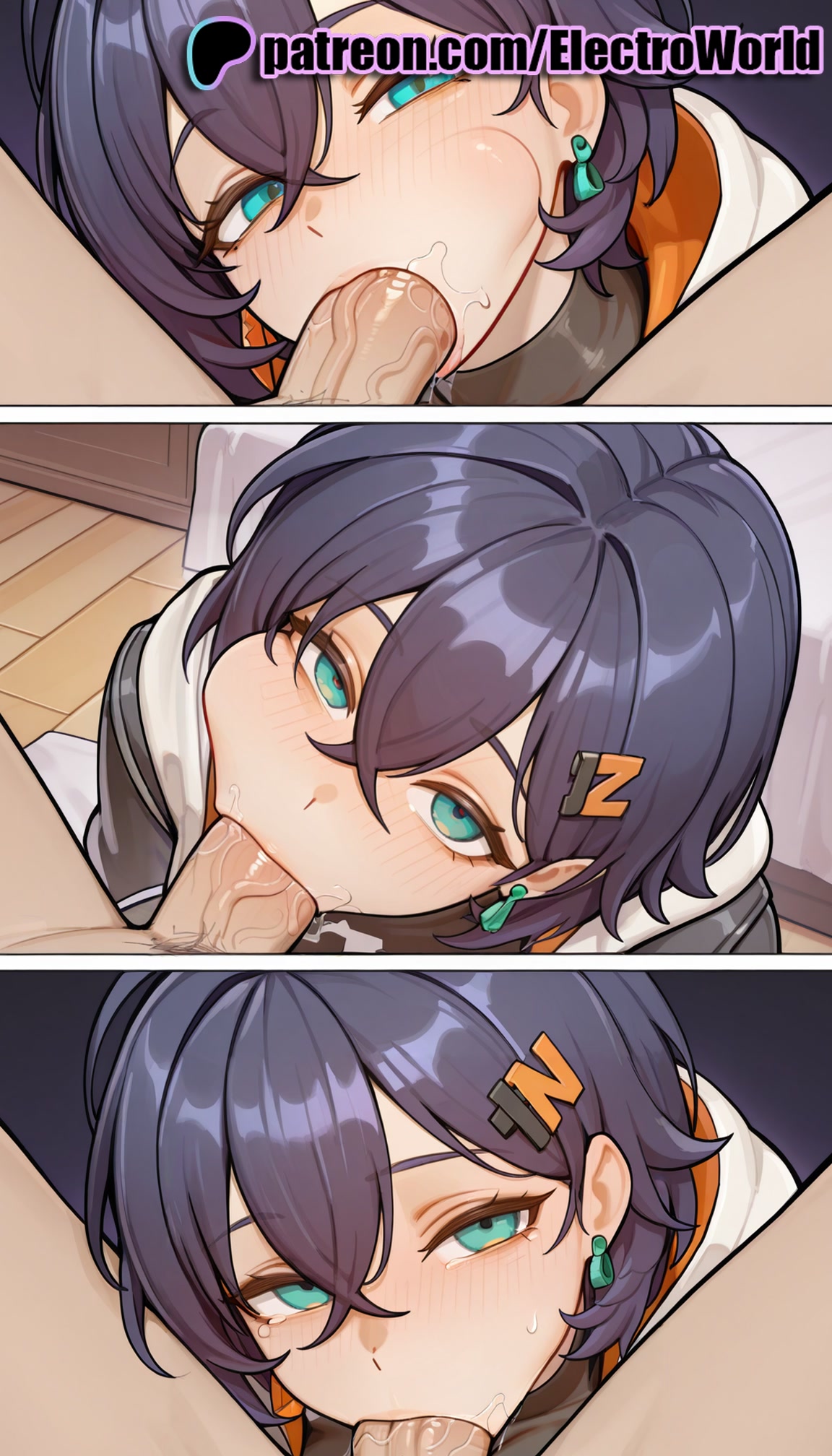 :>=, 1boy, 1girls, 2026, ai generated, aqua eyes, artist name, bangs, belle (zenless zone zero), black hair, blowjob, blowjob face, blush, braid, cock, cum, cum in mouth, deepthroat, dick, earrings, electroworld, eyebrows visible through hair, fellatio, female, hair ornament, hi res, high quality, high resolution, highres, jewelry, licking, looking at viewer, male focus, multicolored hair, multiple fellatio, oral, oral sex, patreon, patreon username, penis, stable diffusion, straight, sucking, uncensored, under the table, veiny penis, watermark, zenless zone zero